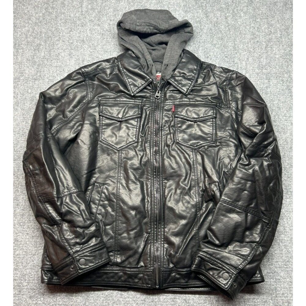 Levis Leather Jacket Mens Size L Black Solid Hooded Full Zip Collared Polyester